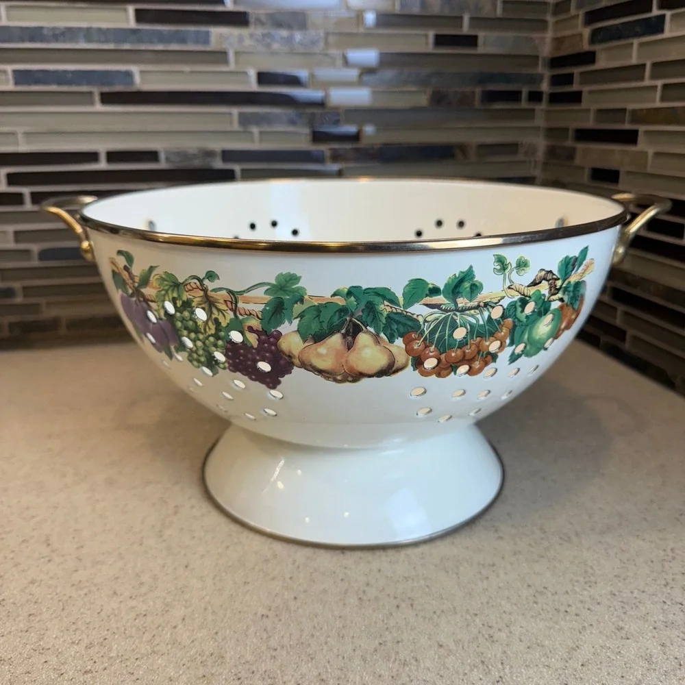 Vintage Enamel Fruit Colander White‎ Pedestal Strainer Brass Handles Cottagecore